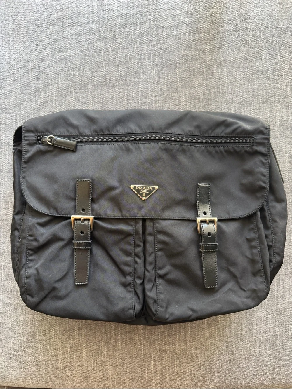 Prada Black Nylon Crossbody Messenger Bag with Buckle Accents